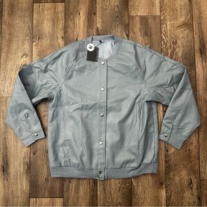 Lepunuo Oversized Faux Leather Retro Bomber Jacket Women’s Size M Misty Blue